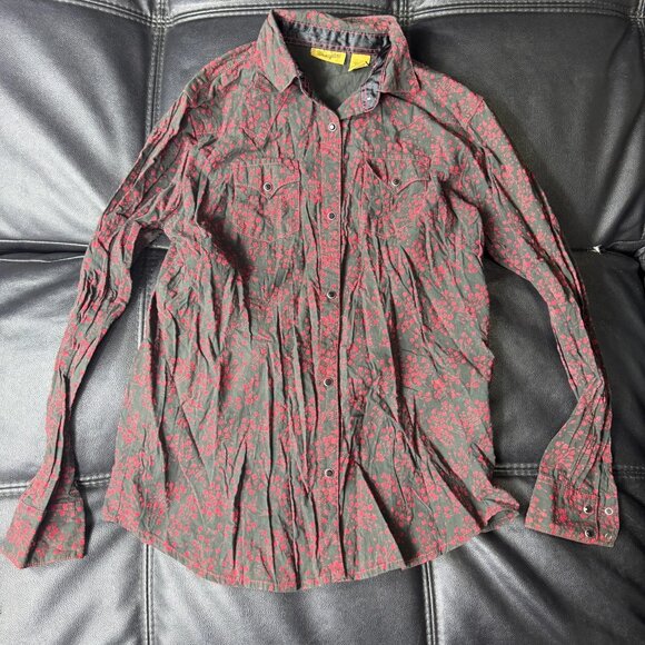 Wrangler Women's Western Shirt Black Red Floral Pearl Snap Front Pocket Medium - Picture 1 of 14